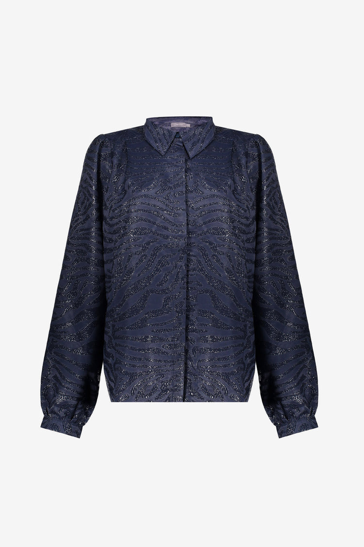 Geisha Damenbluse in Dunkelblau mit glänzendem Zebra-Print