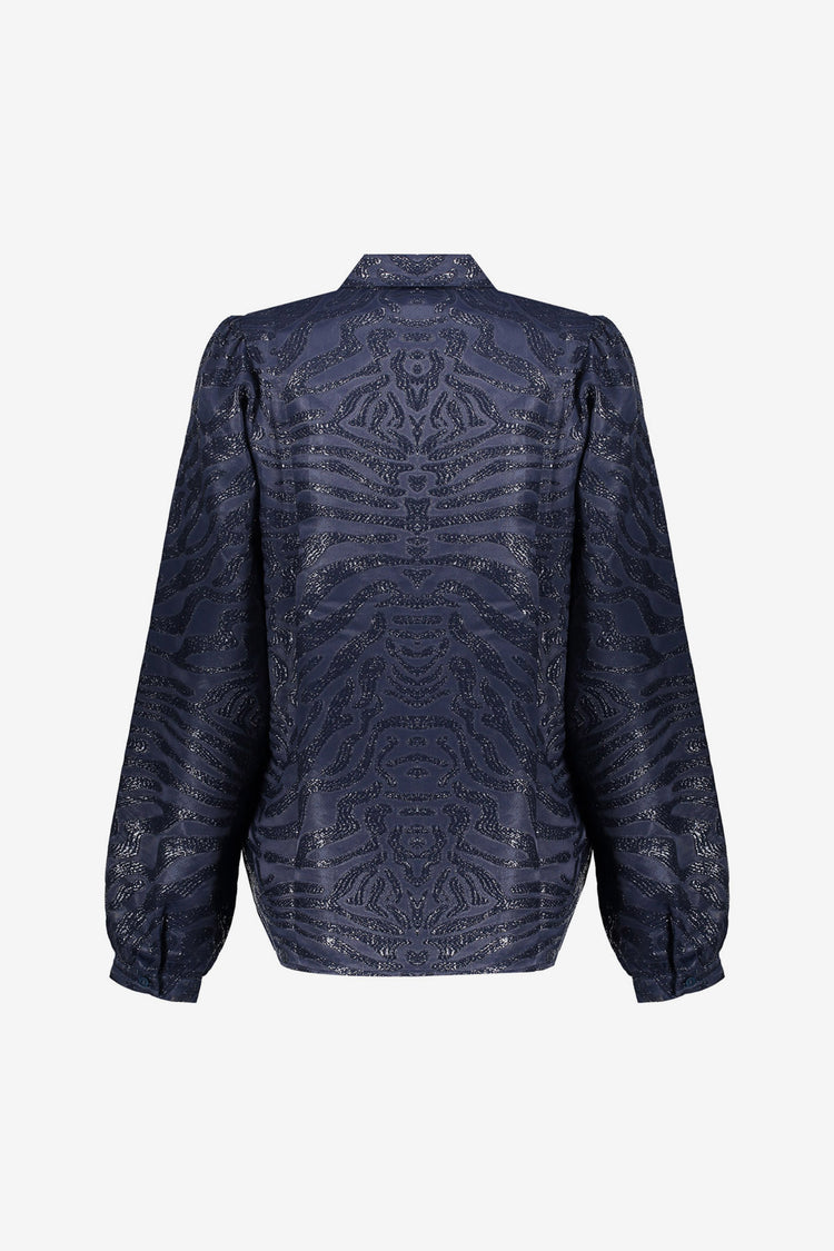 Geisha Damenbluse in Dunkelblau mit glänzendem Zebra-Print