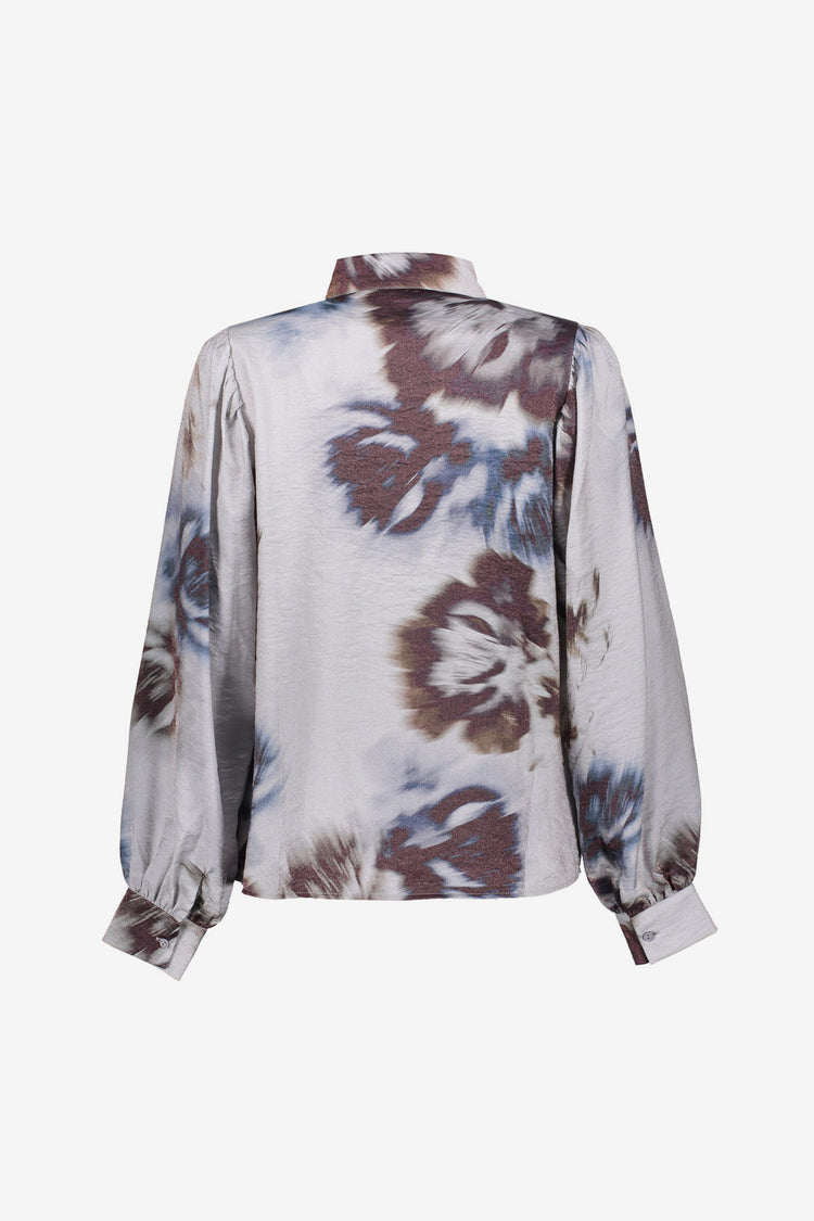 Geisha Damenbluse in Grau mit Aquarell-Blumenmuster und Glanzeffekt