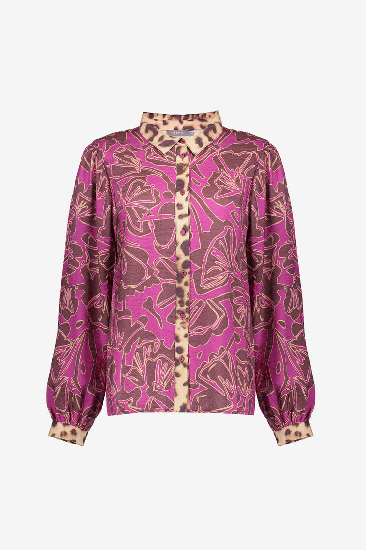 Geisha Damenbluse mit auffälligem Fuchsia-Print und Leo-Details
