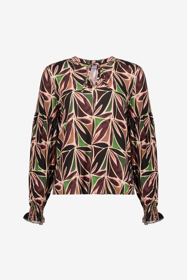 Geisha Damentop mit abstraktem Blattmuster und V-Ausschnitt