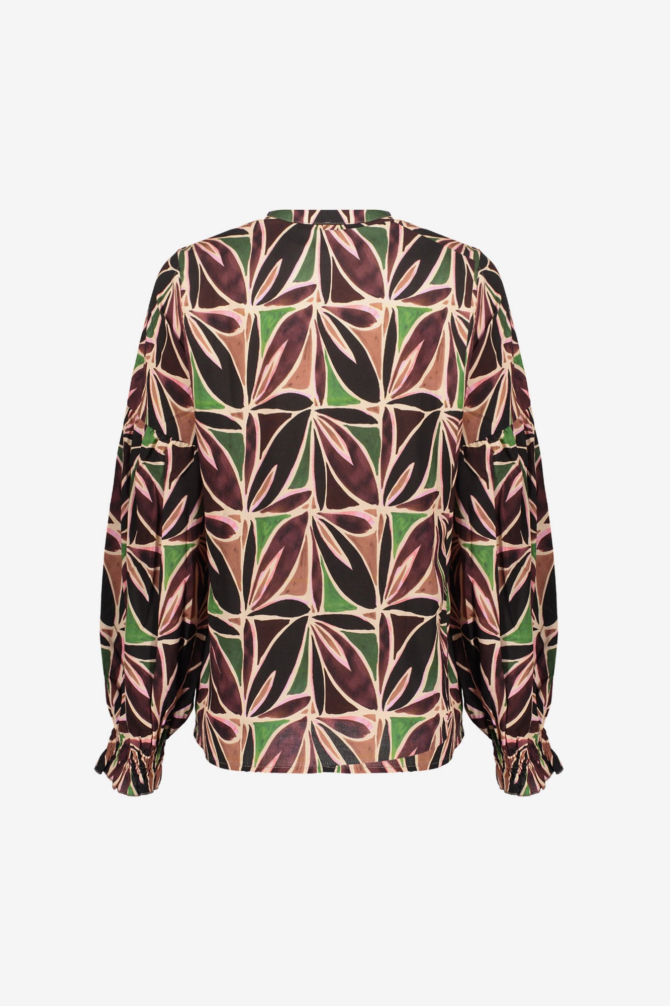 Geisha Damentop mit abstraktem Blattmuster und V-Ausschnitt