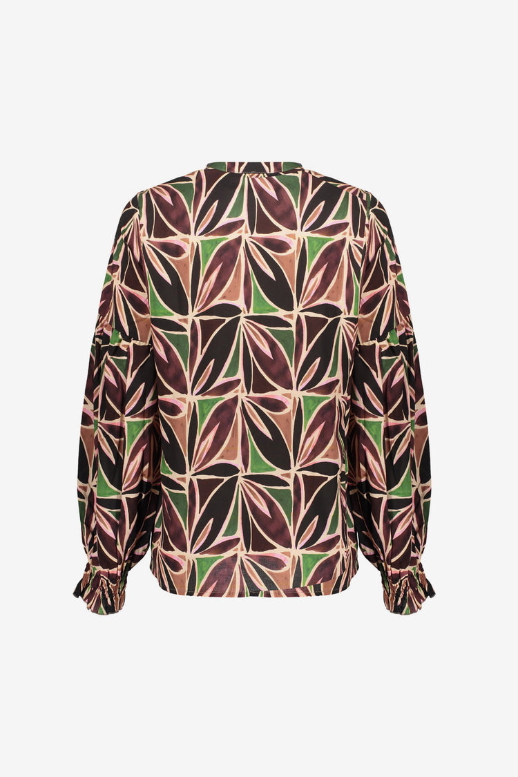 Geisha Damentop mit abstraktem Blattmuster und V-Ausschnitt