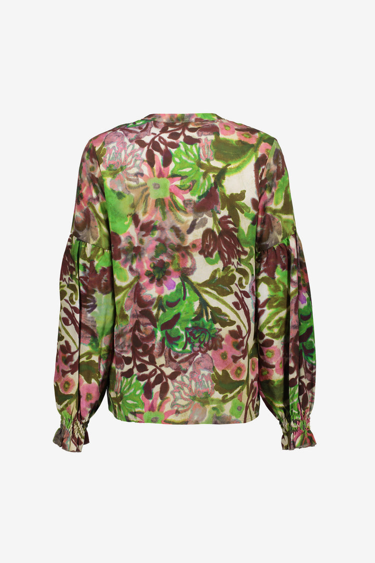 Geisha Damenbluse mit Blumen-Aquarellprint und Puffärmeln