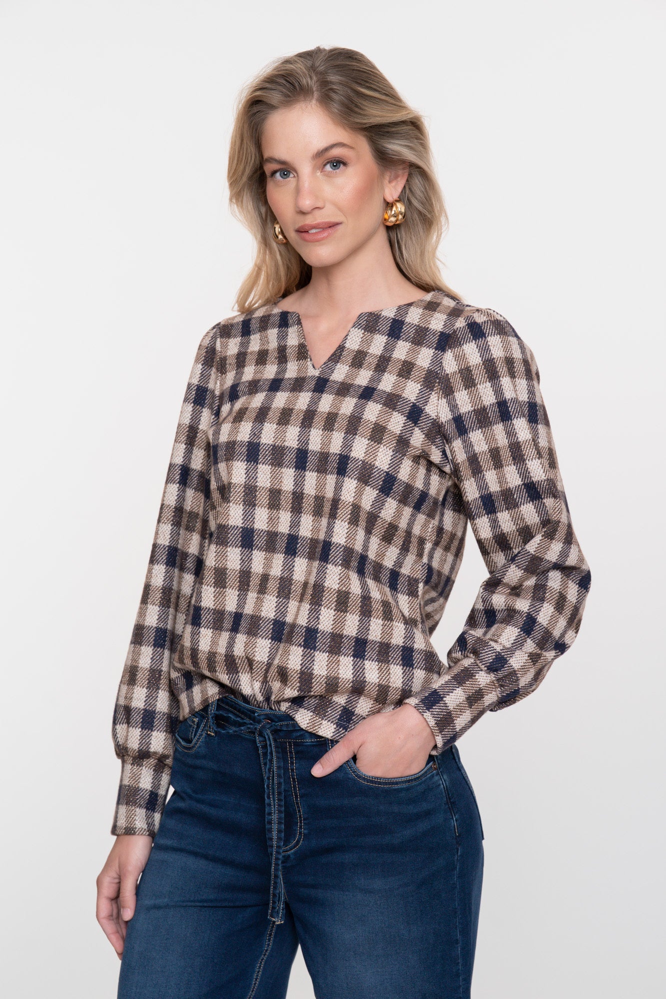 Geisha Damen-Karo-Top mit feinem V-Ausschnitt
