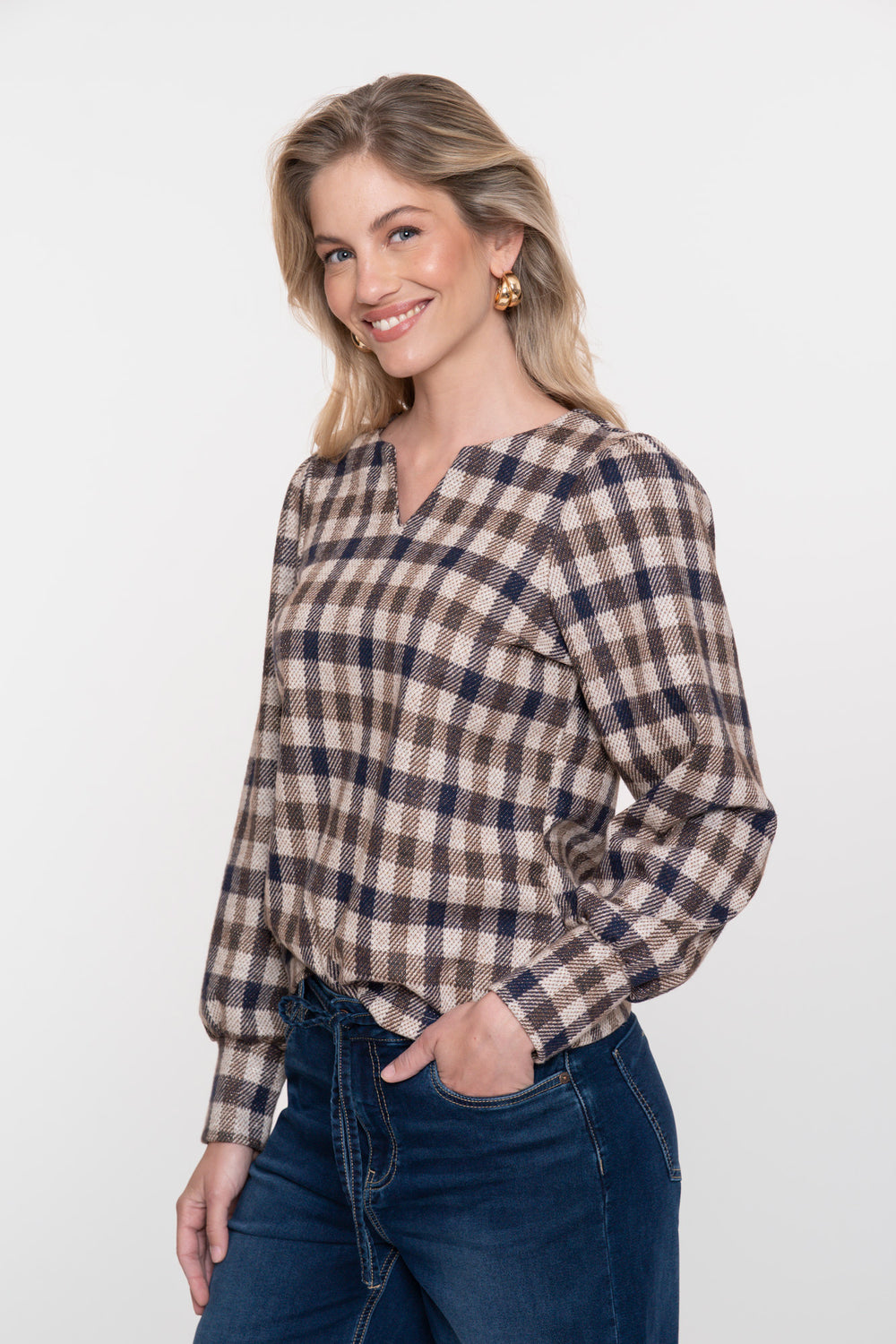 Geisha Damen-Karo-Top mit feinem V-Ausschnitt