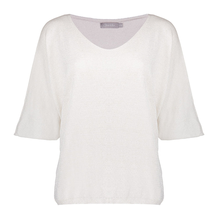 Geisha Fashion: White sweater with short sleeves on plain background.
