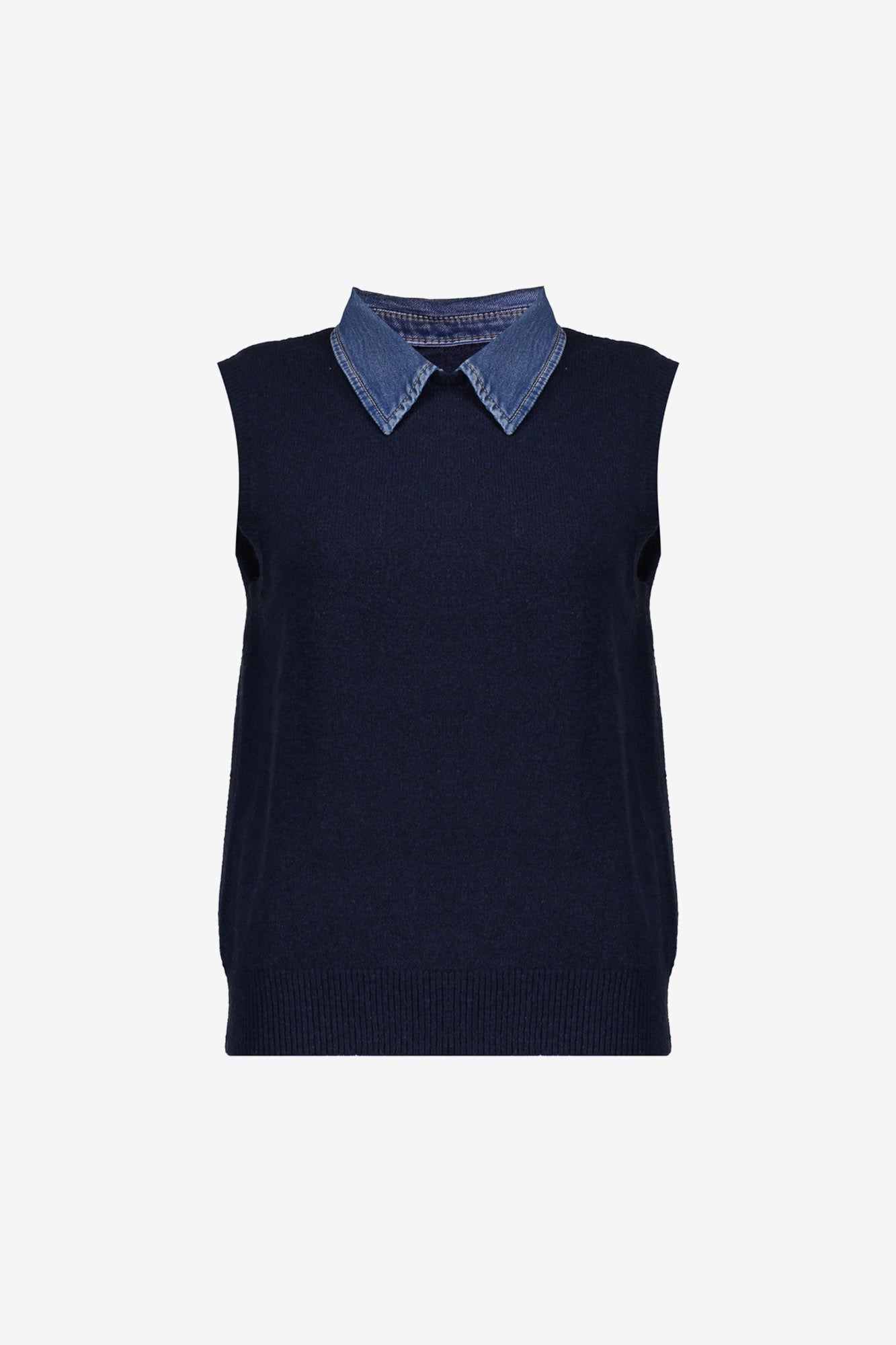Geisha Damen Strickweste mit Denim-Kragen