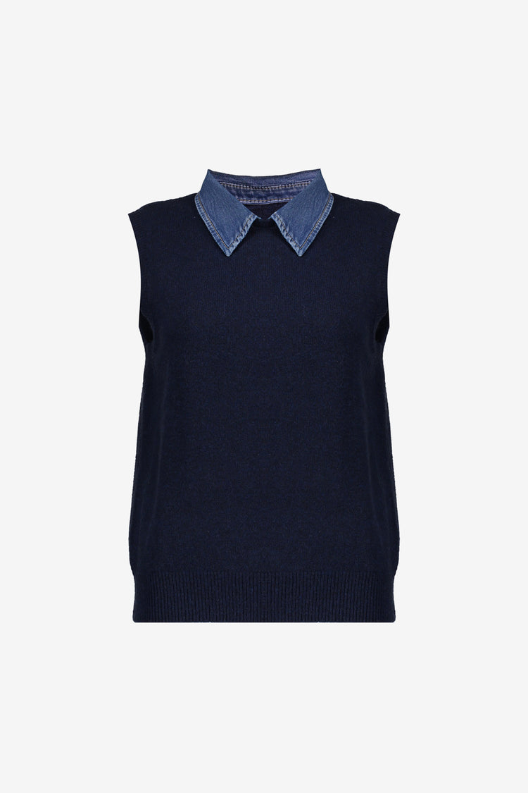 Geisha Damen Strickweste mit Denim-Kragen