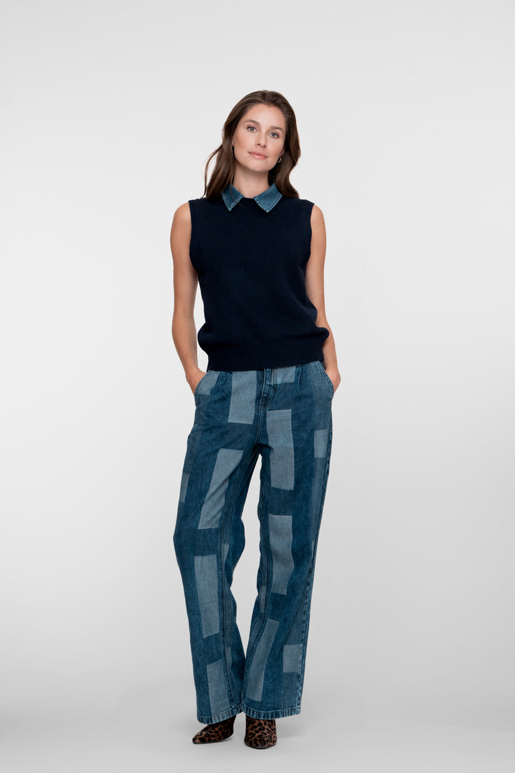 Geisha Damen Strickweste mit Denim-Kragen