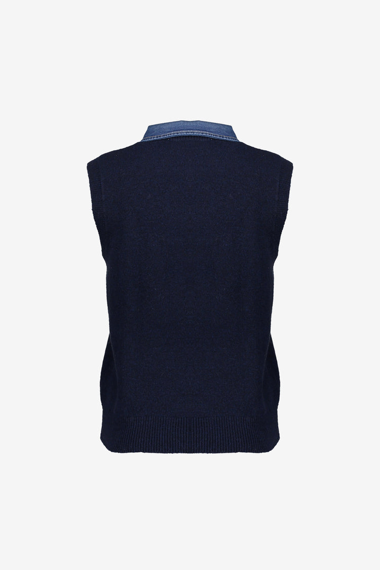 Geisha Damen Strickweste mit Denim-Kragen