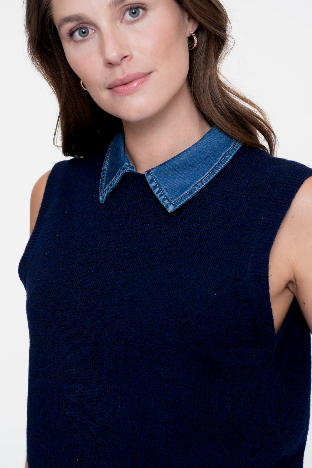 Geisha Damen Strickweste mit Denim-Kragen