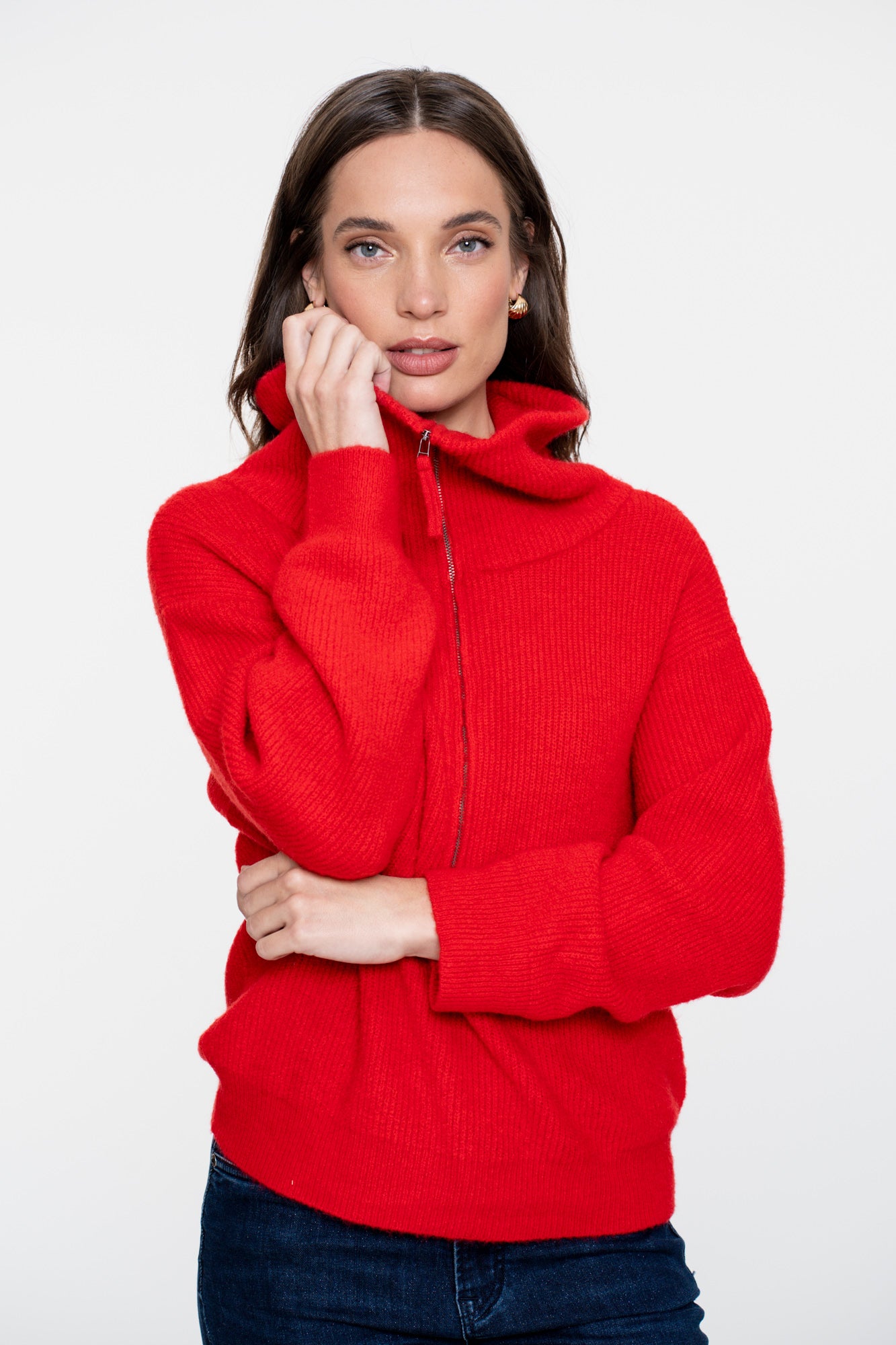 Geisha Damen-Strickpullover mit hohem Reißverschlusskragen