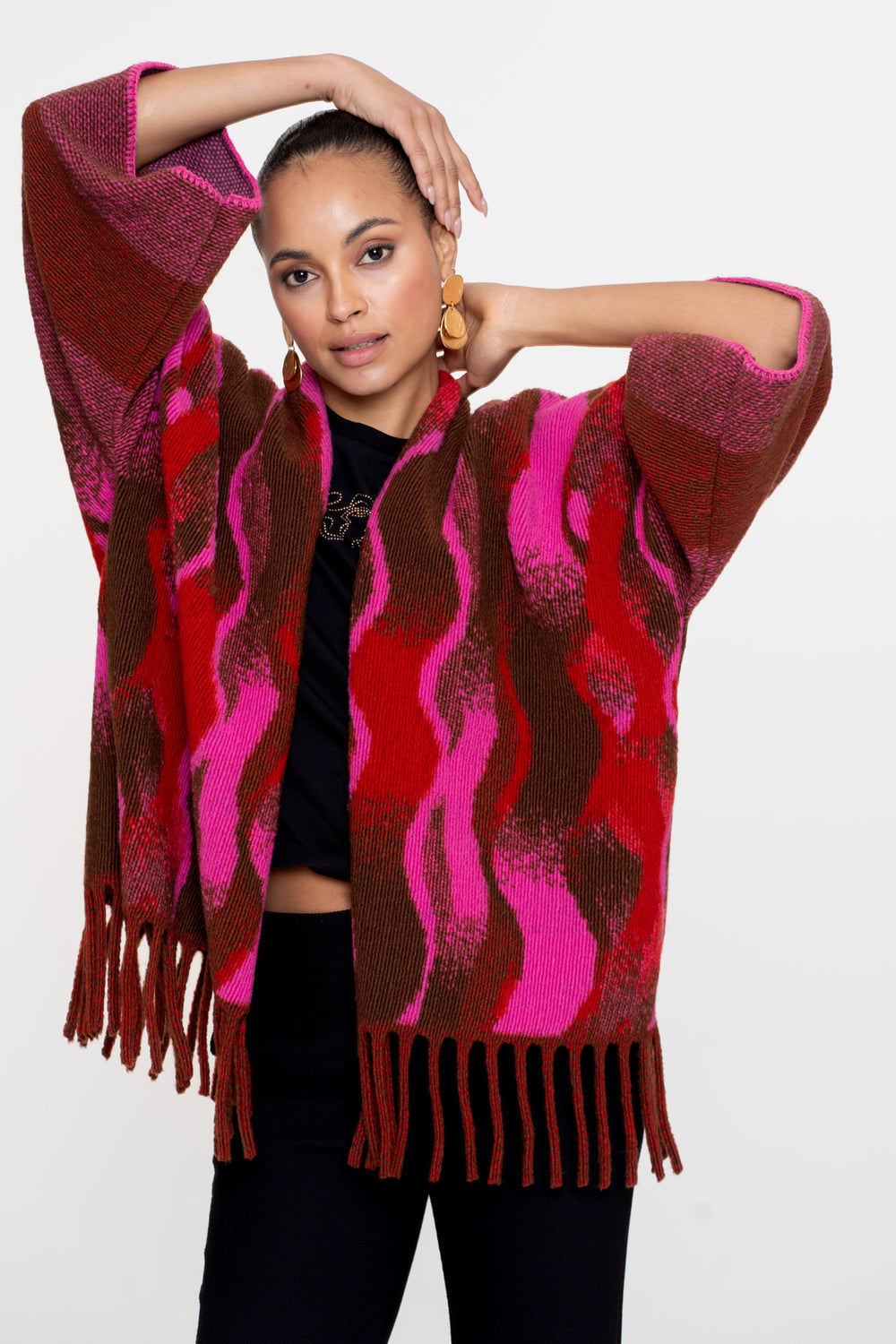 Geisha Damen-Poncho mit Swirl-Print und Fransen