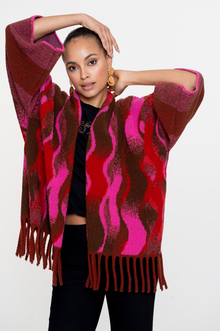 Geisha Damen-Poncho mit Swirl-Print und Fransen
