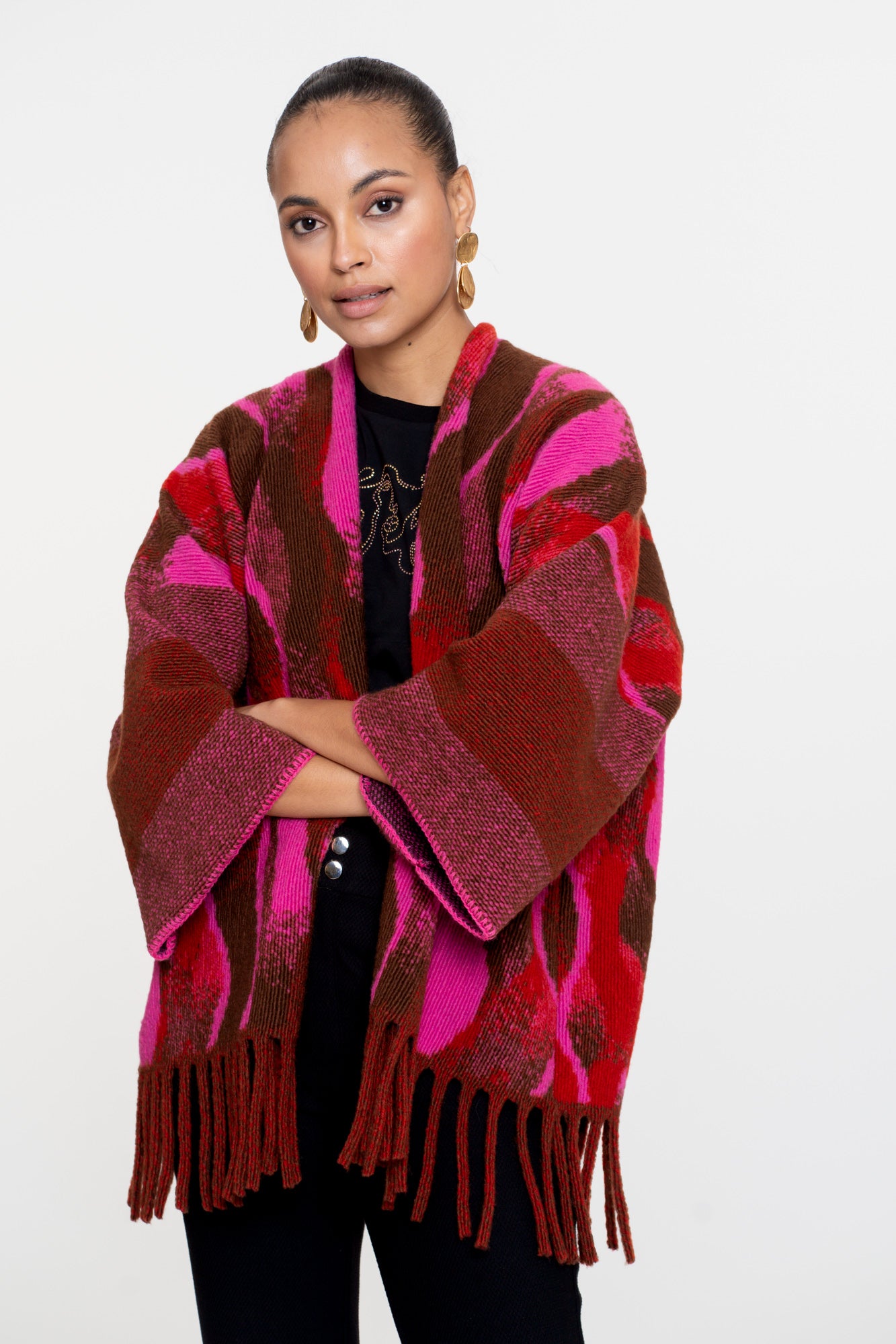 Geisha Damen-Poncho mit Swirl-Print und Fransen