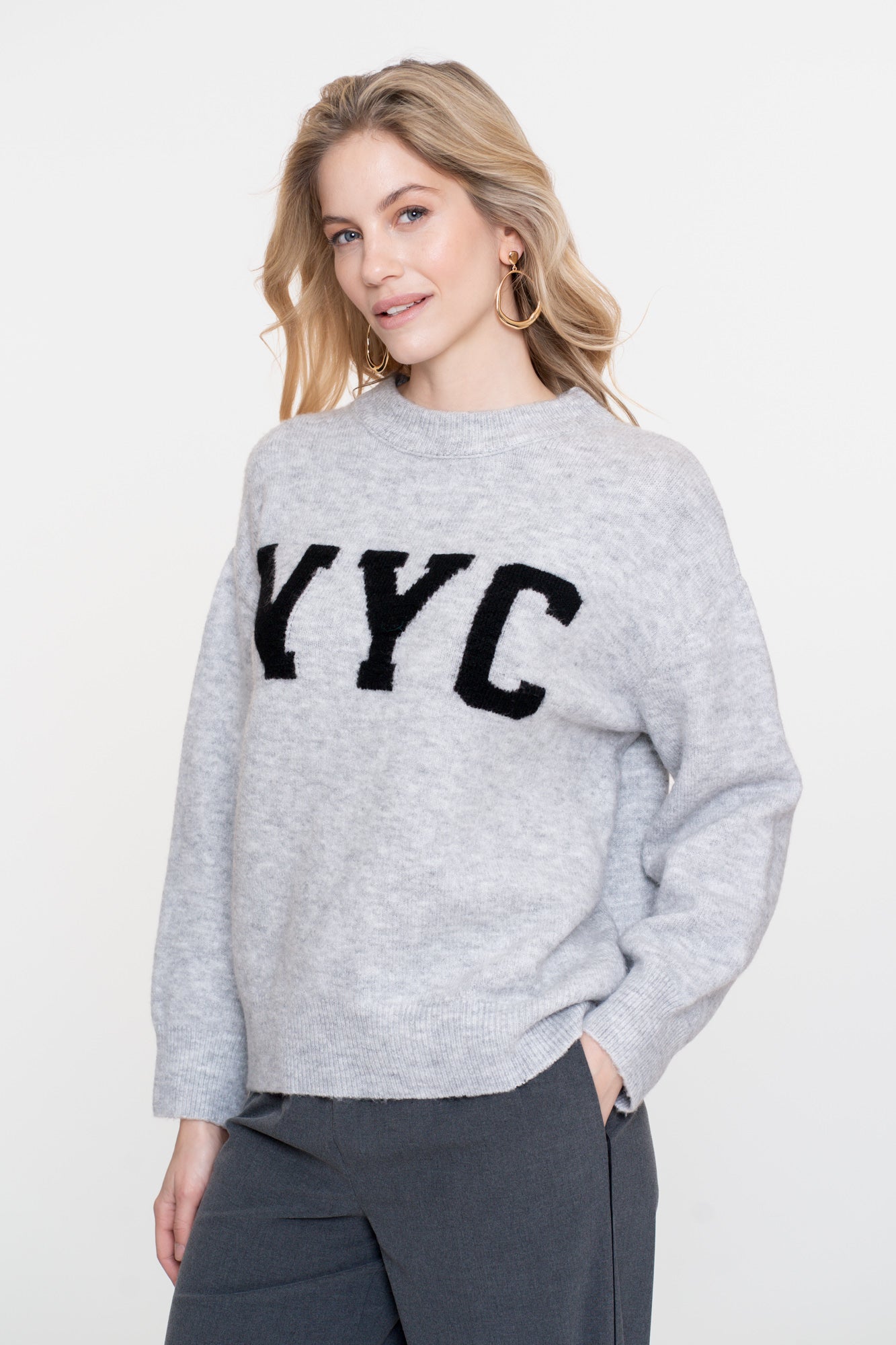 Geisha Damen-Oversized-Strickpullover mit NYC-Schriftzug