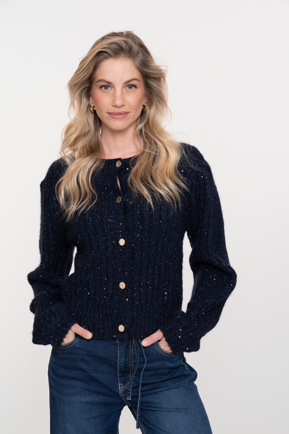 Geisha Damenstrickjacke in Navy mit goldenen Knöpfen und Glitzer-Detail