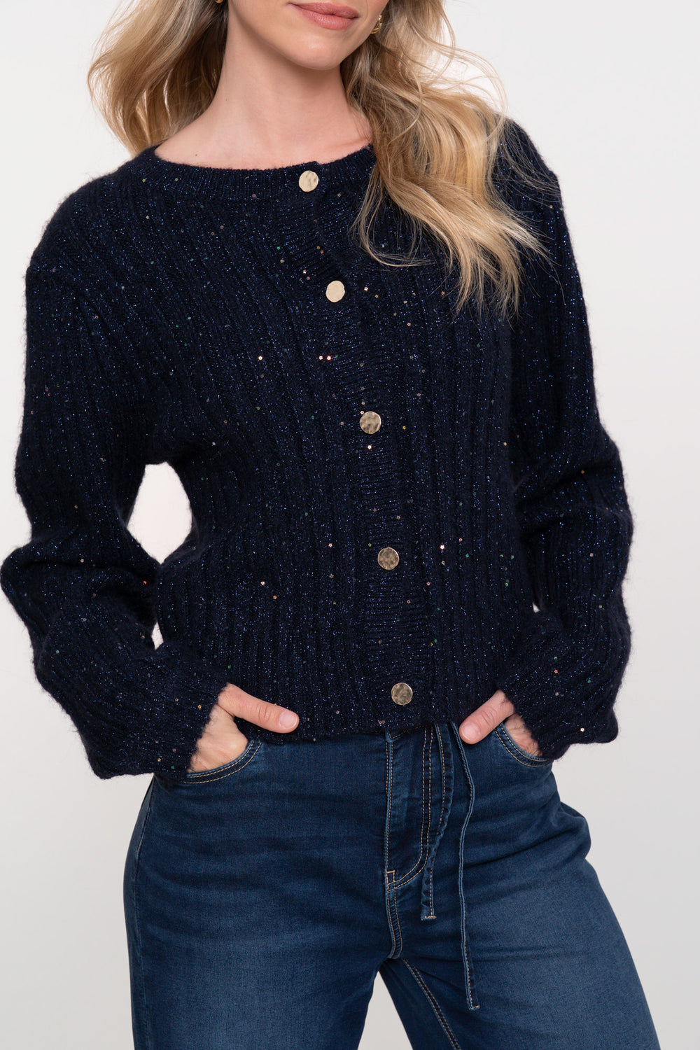 Geisha Damenstrickjacke in Navy mit goldenen Knöpfen und Glitzer-Detail