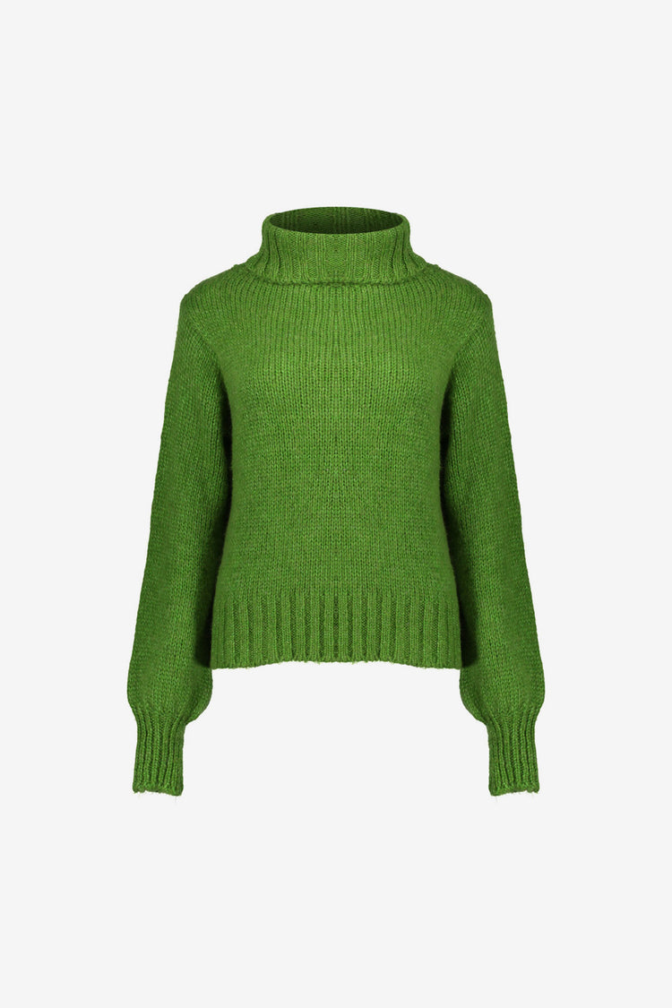 Geisha Damenstrickpullover in Grün mit hohem Rollkragen und Rippdetails