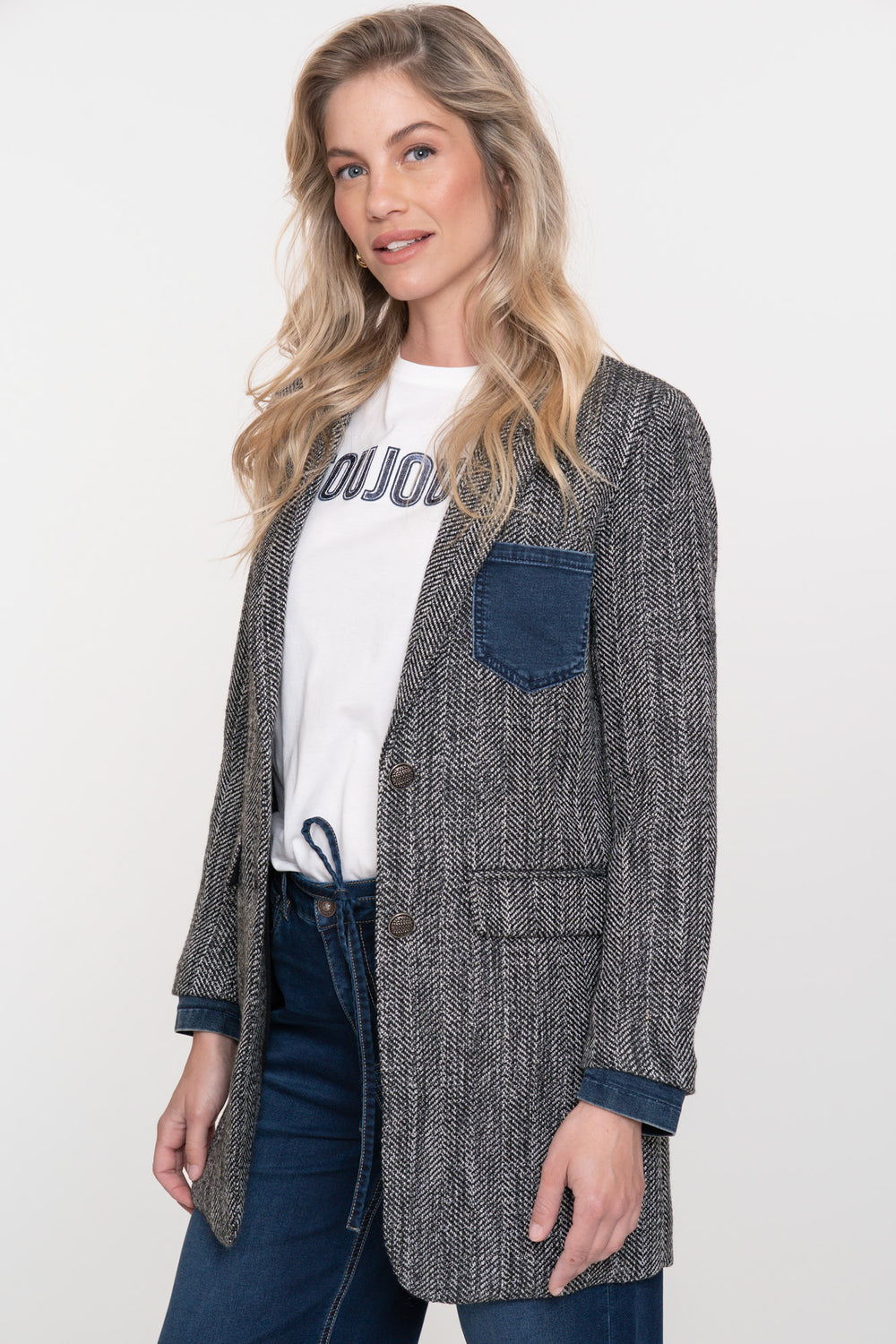 Geisha Damen-Langblazer mit Fischgrätenmuster und Denim-Akzenten