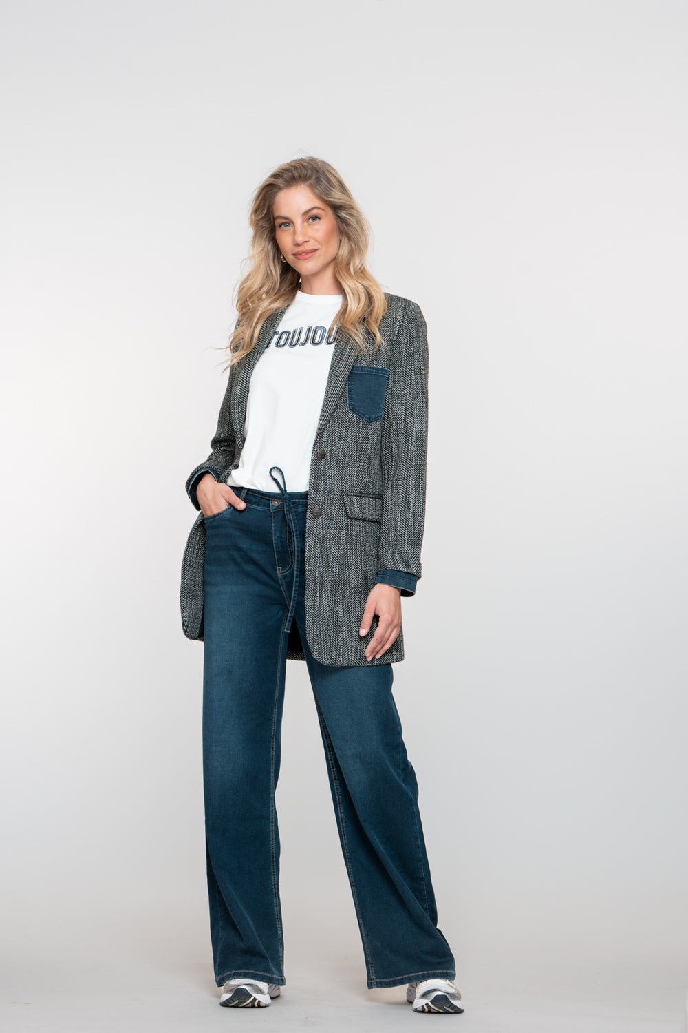 Geisha Damen-Langblazer mit Fischgrätenmuster und Denim-Akzenten