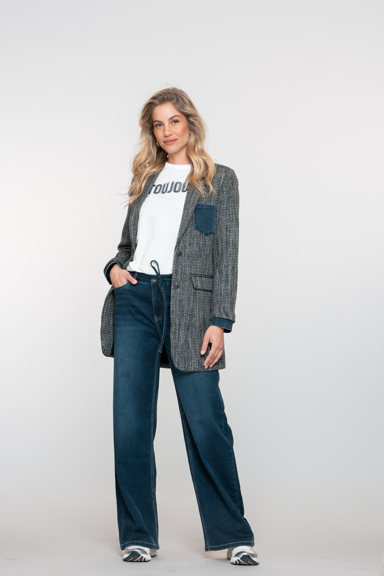 Geisha Damen-Langblazer mit Fischgrätenmuster und Denim-Akzenten
