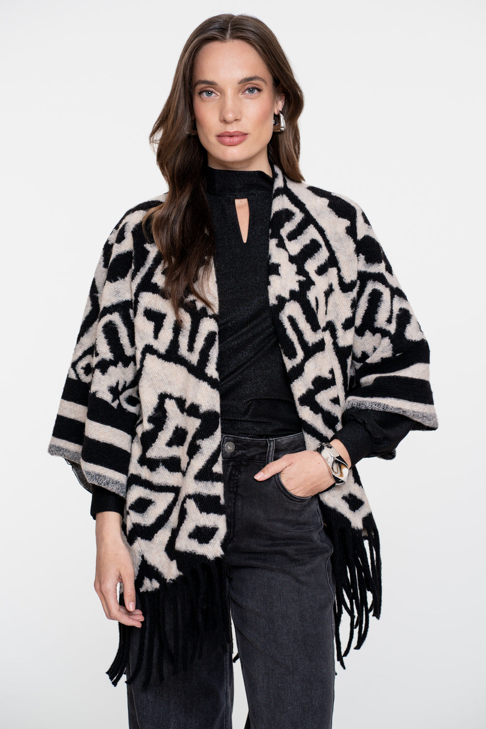 Geisha Damen-Jacquard-Poncho mit Fransen