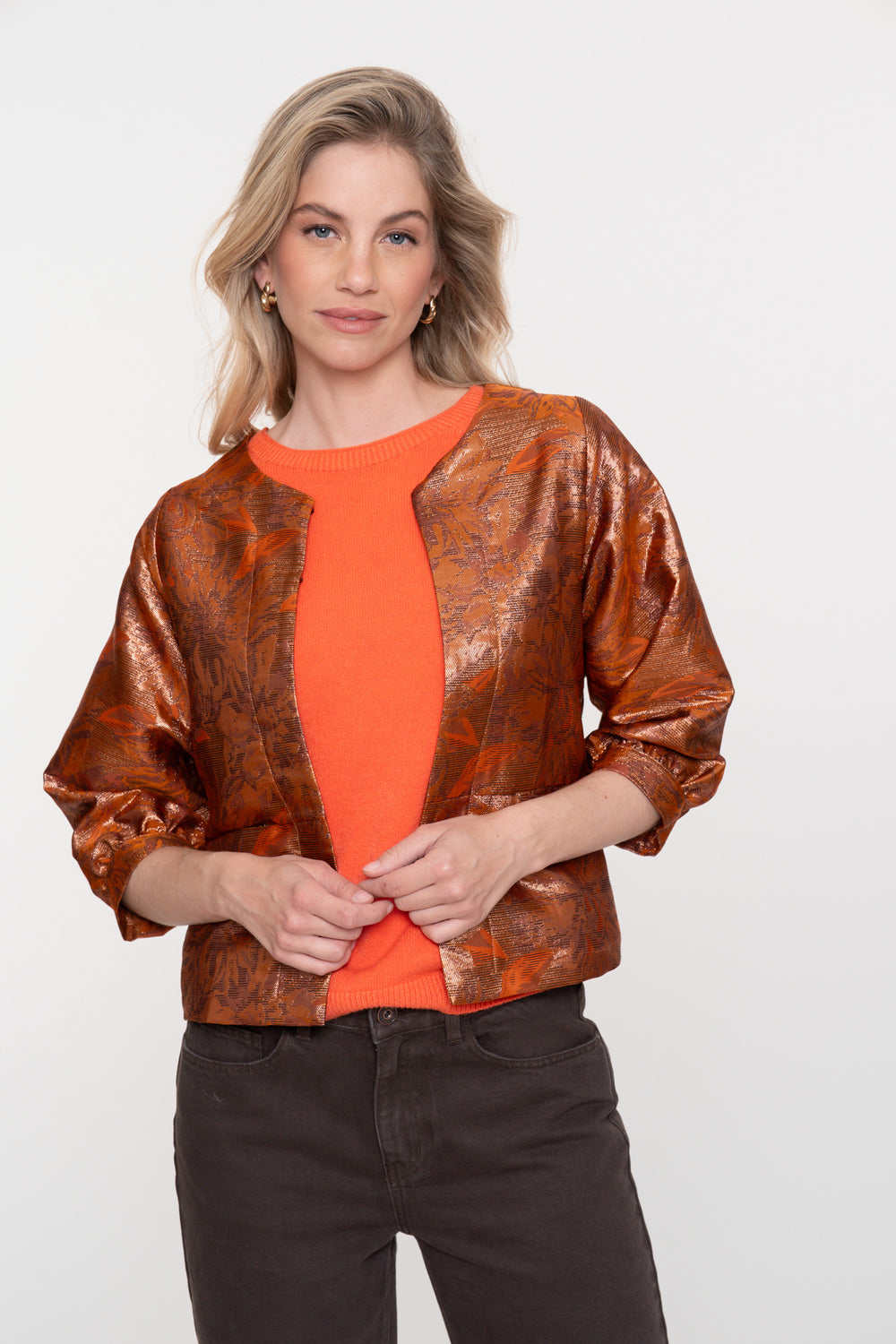 Geisha Damenkurzjacke in Kupfer mit Metallic-Jacquardmuster