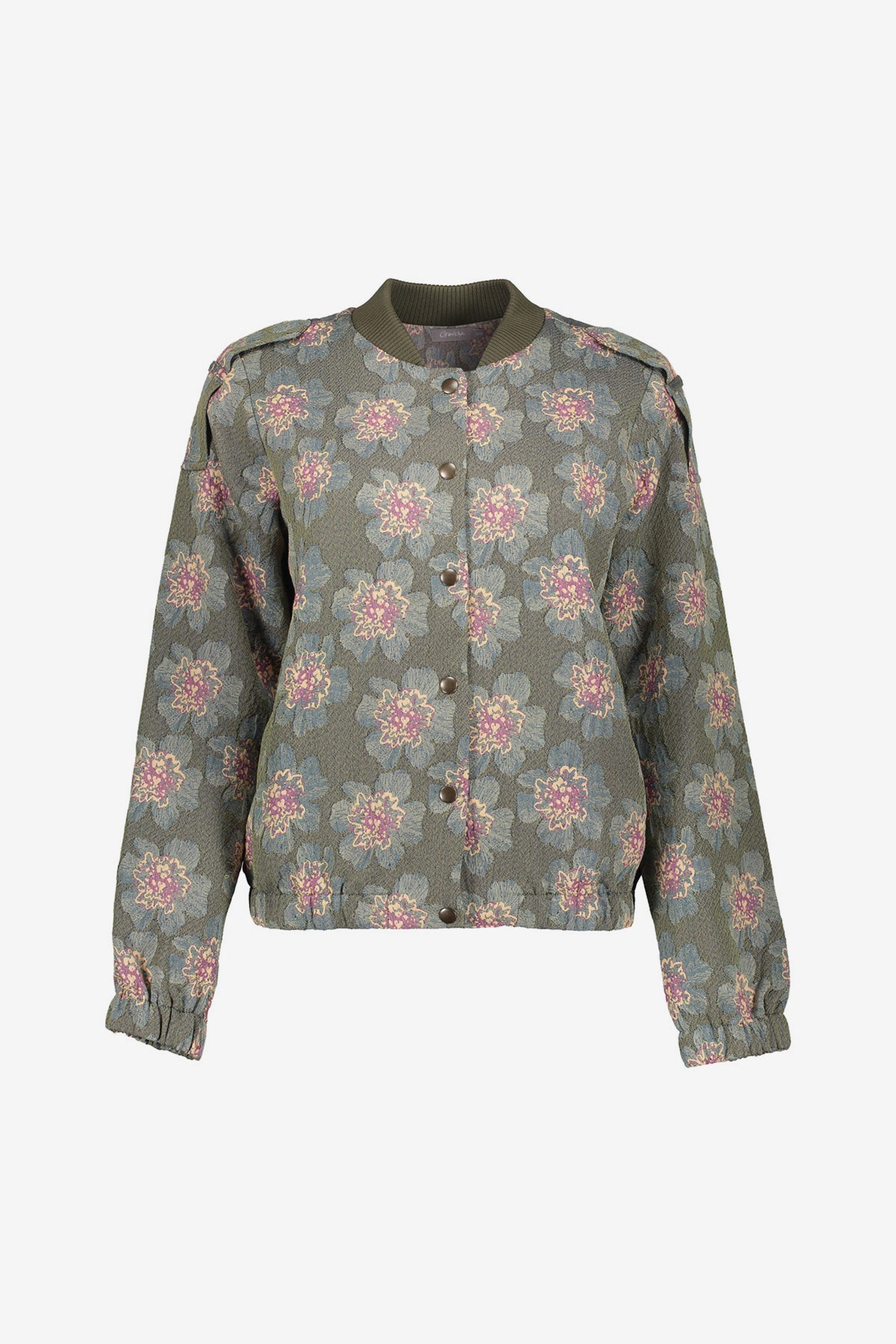 Geisha Damenbomberjacke in Grün mit Blumenprint und Druckknopfverschluss