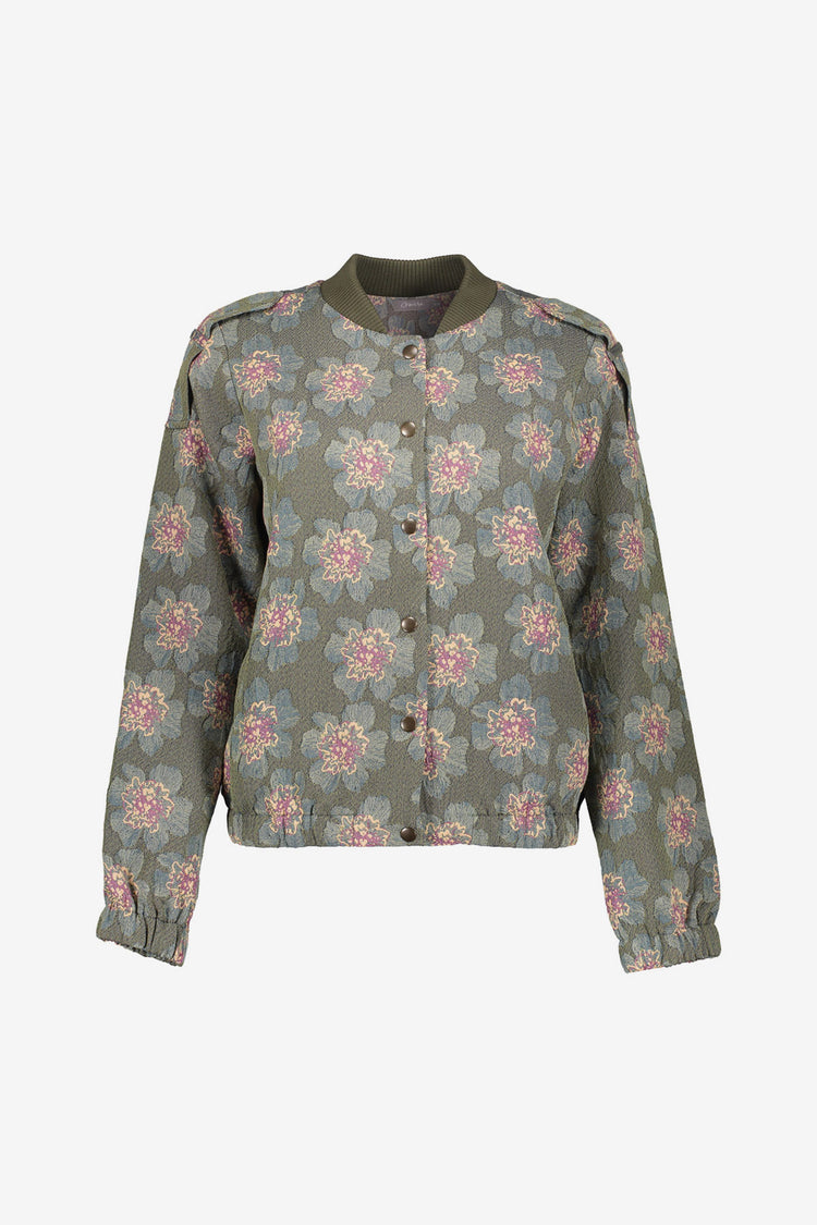 Geisha Damenbomberjacke in Grün mit Blumenprint und Druckknopfverschluss