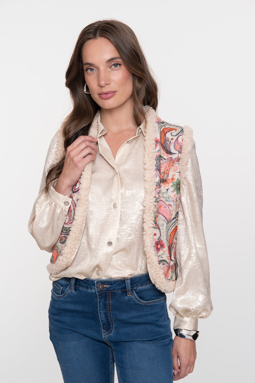 Geisha Damen-Kontrastgilet mit Teddy und gewebtem Muster
