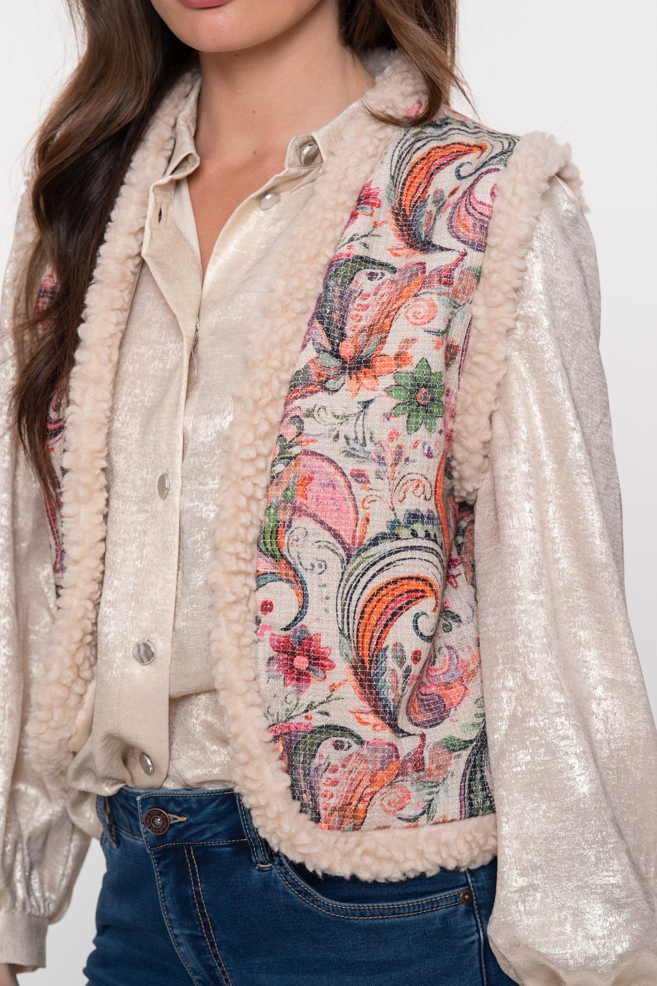 Geisha Damen-Kontrastgilet mit Teddy und gewebtem Muster
