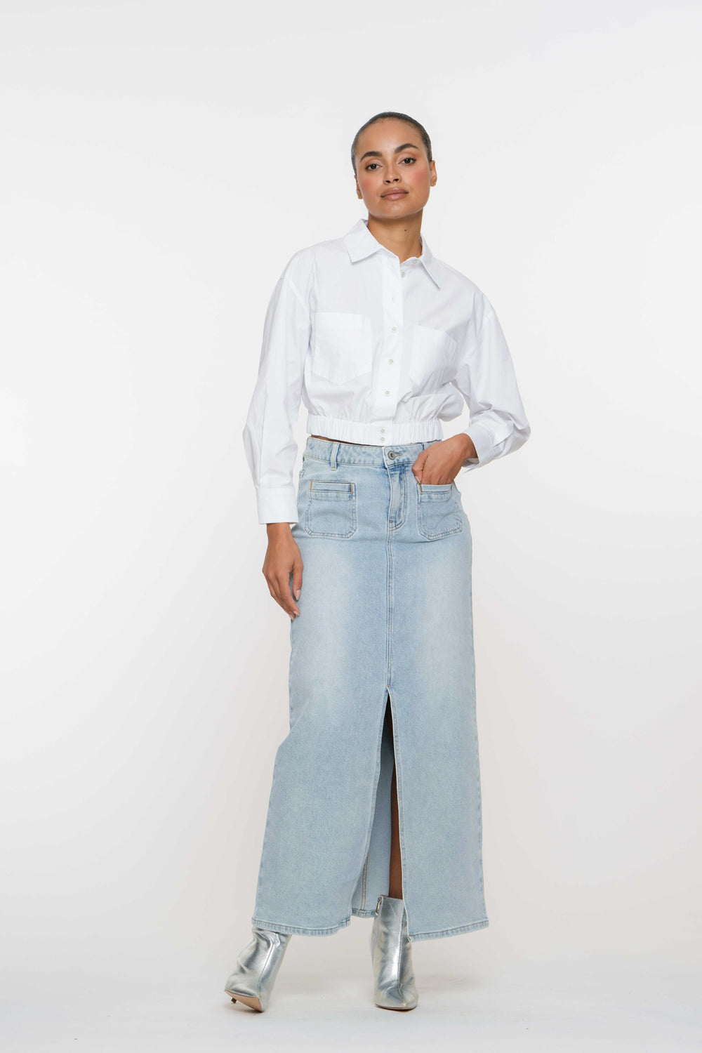 Geisha Fashion Damen Maxi Jeansrock mit Patch-Taschen
