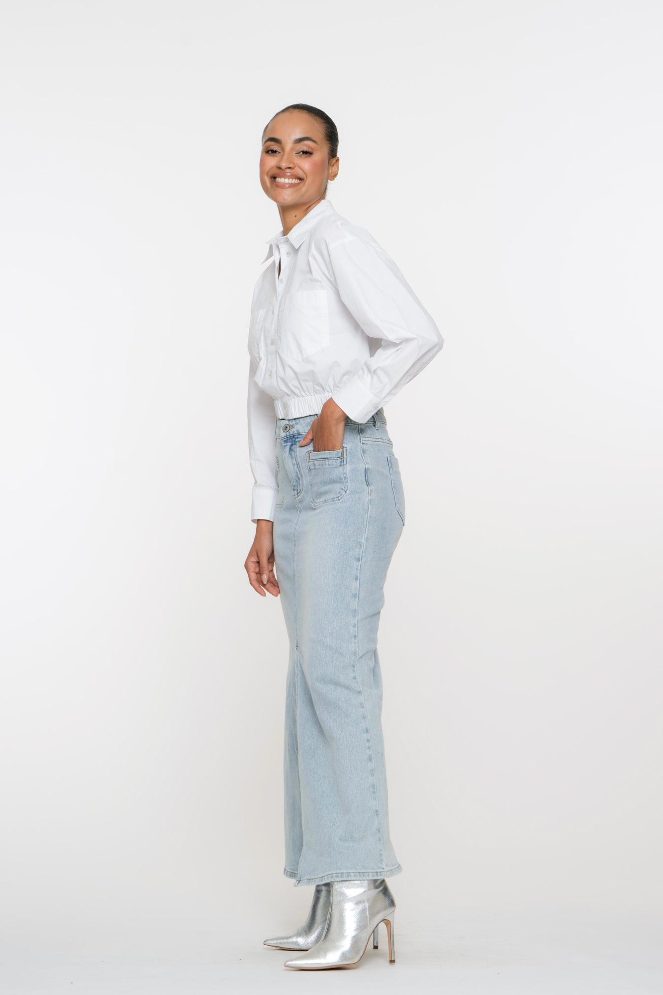 Geisha Fashion Damen Maxi Jeansrock mit Patch-Taschen