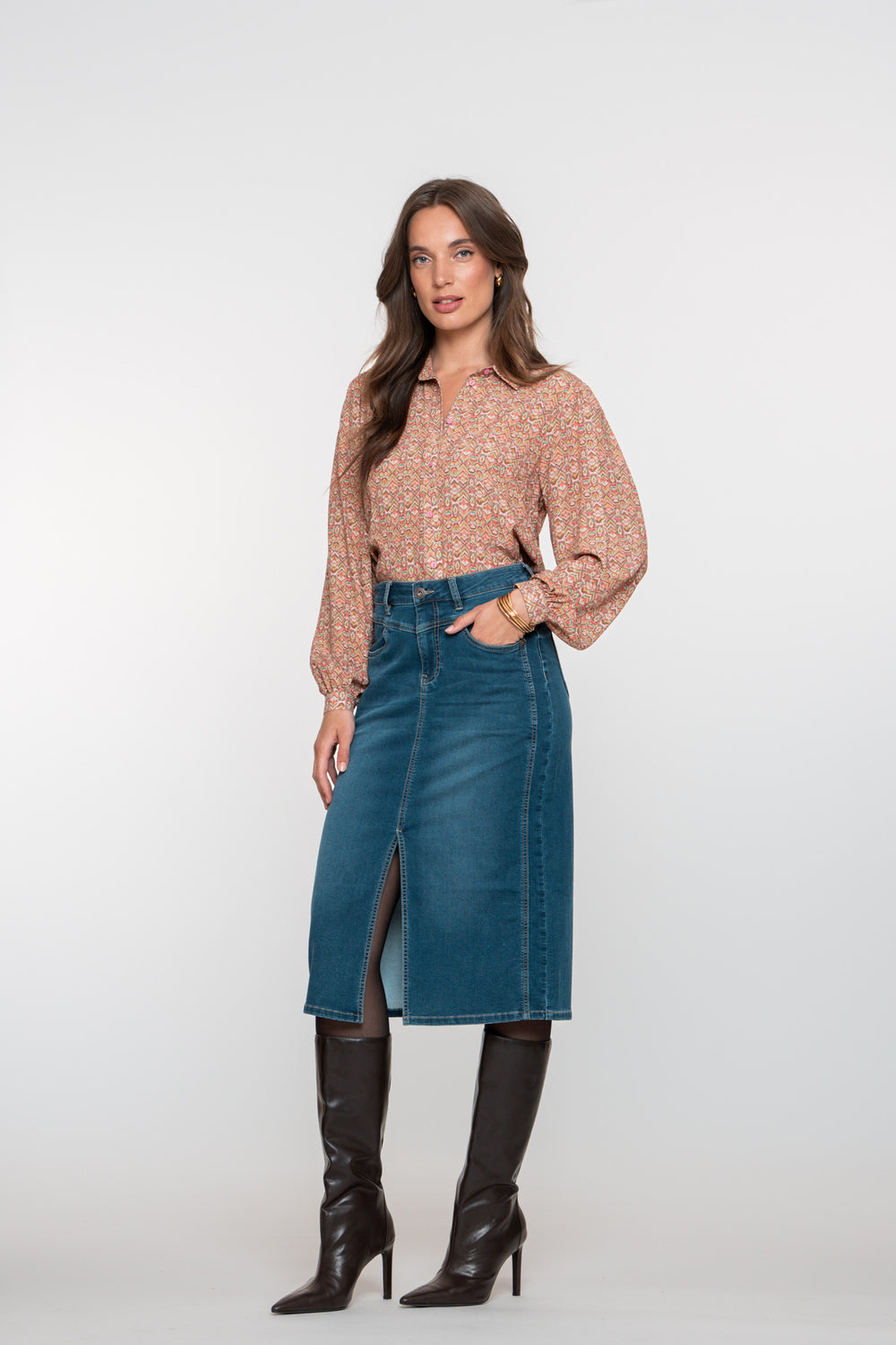 eisha Damen-Midi-Jeansrock im Stonewash-Look mit Schlitz