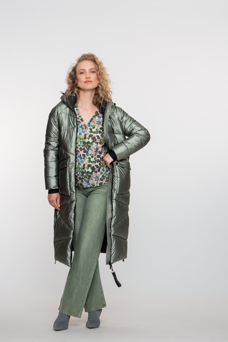 Geisha Damen-Langer Metallic-Steppmantel