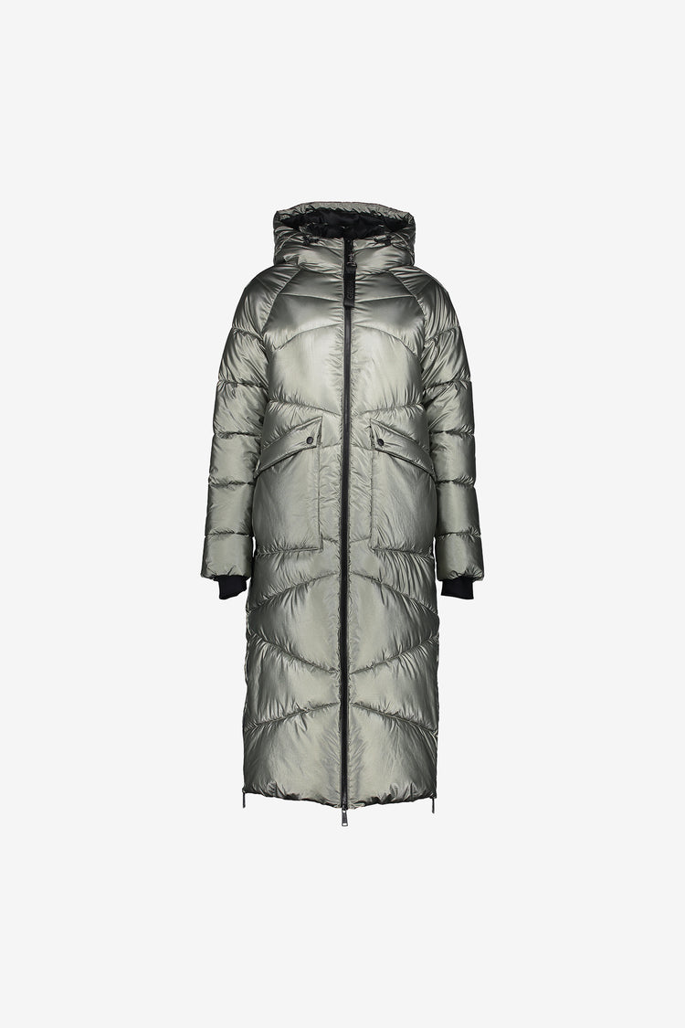 Geisha Damen-Langer Metallic-Steppmantel