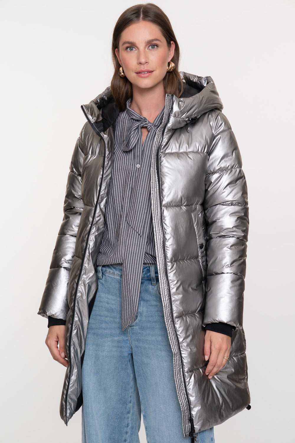 Geisha Damen-Langer Daunenmantel in Silber