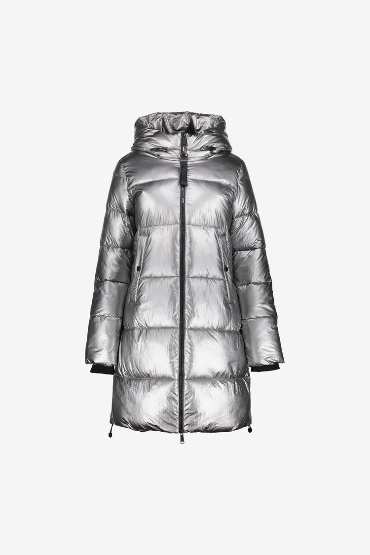 Geisha Damen-Langer Daunenmantel in Silber