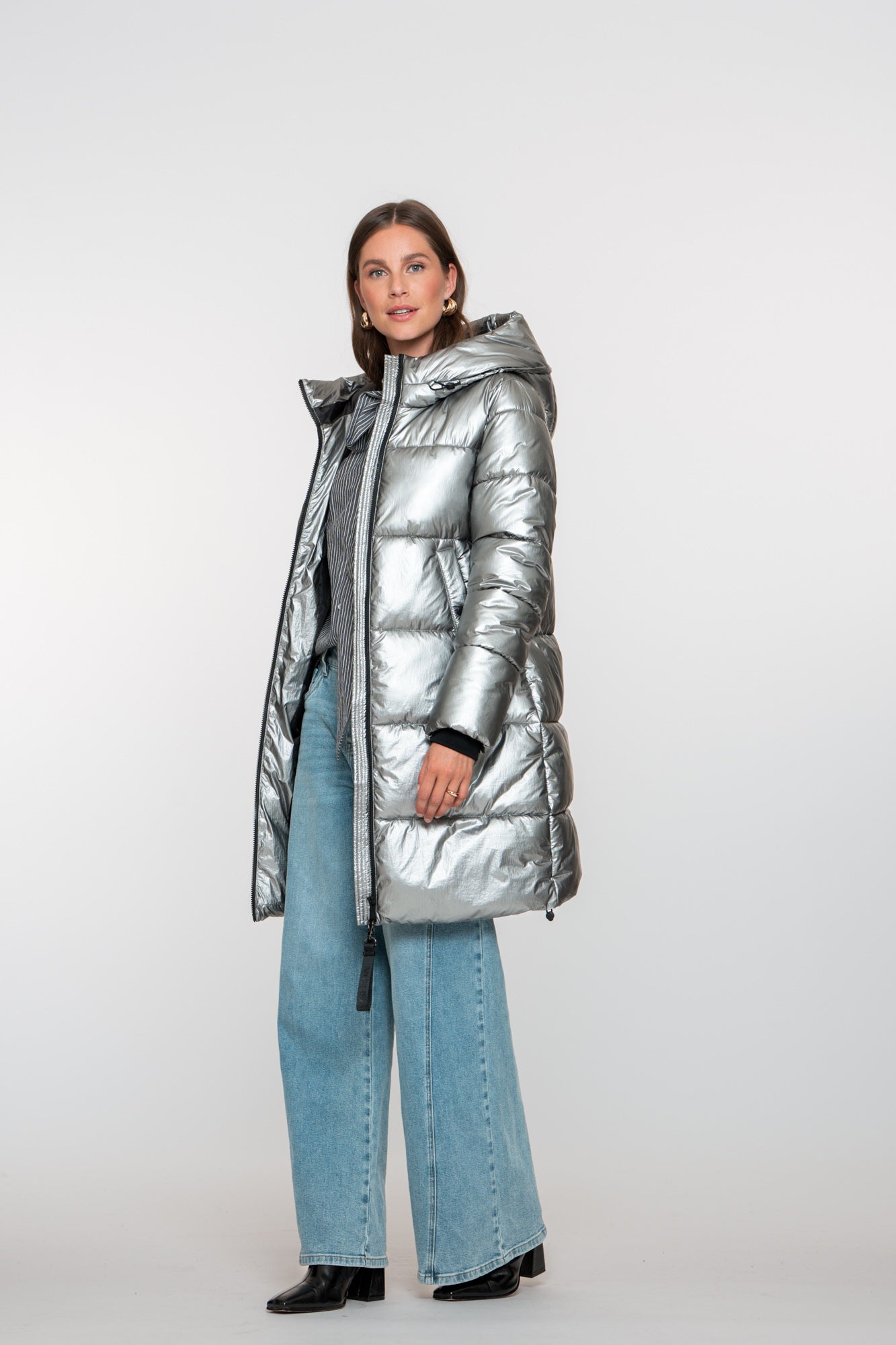 Geisha Damen-Langer Daunenmantel in Silber