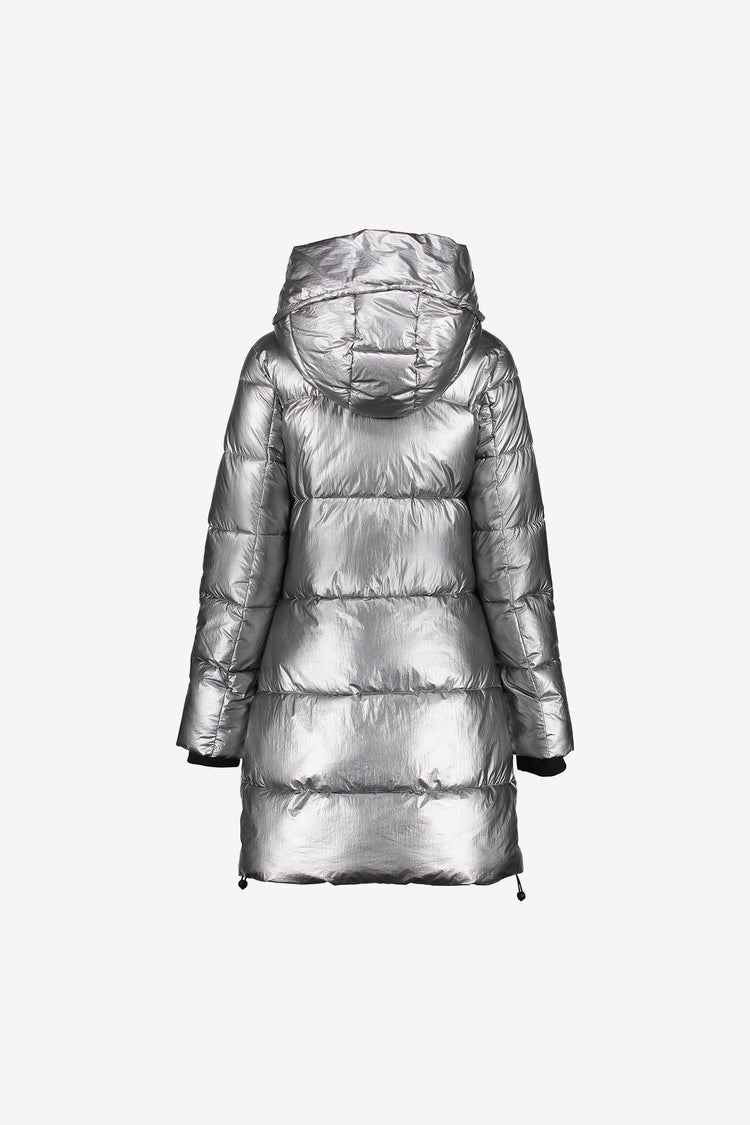 Geisha Damen-Langer Daunenmantel in Silber