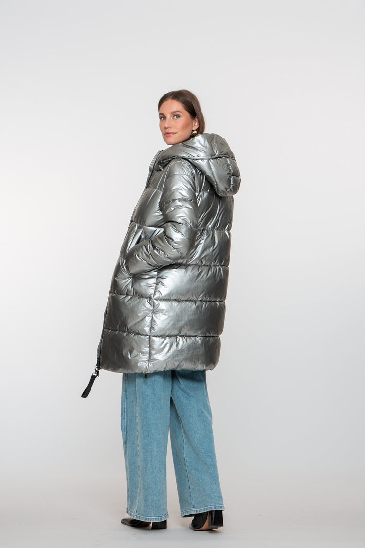 Geisha Damen-Langer Daunenmantel in Silber