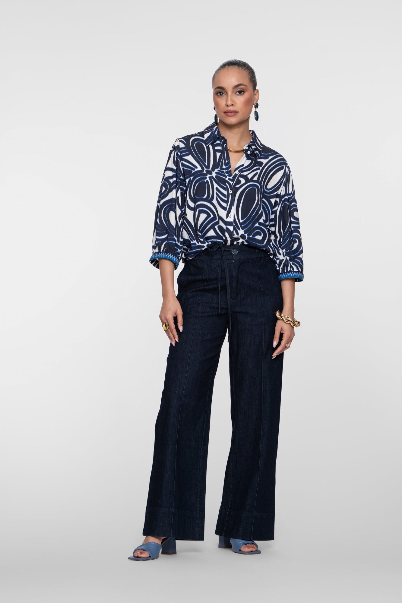Geisha dunkelblaue Wide Leg Jeans mit Schleifendetail