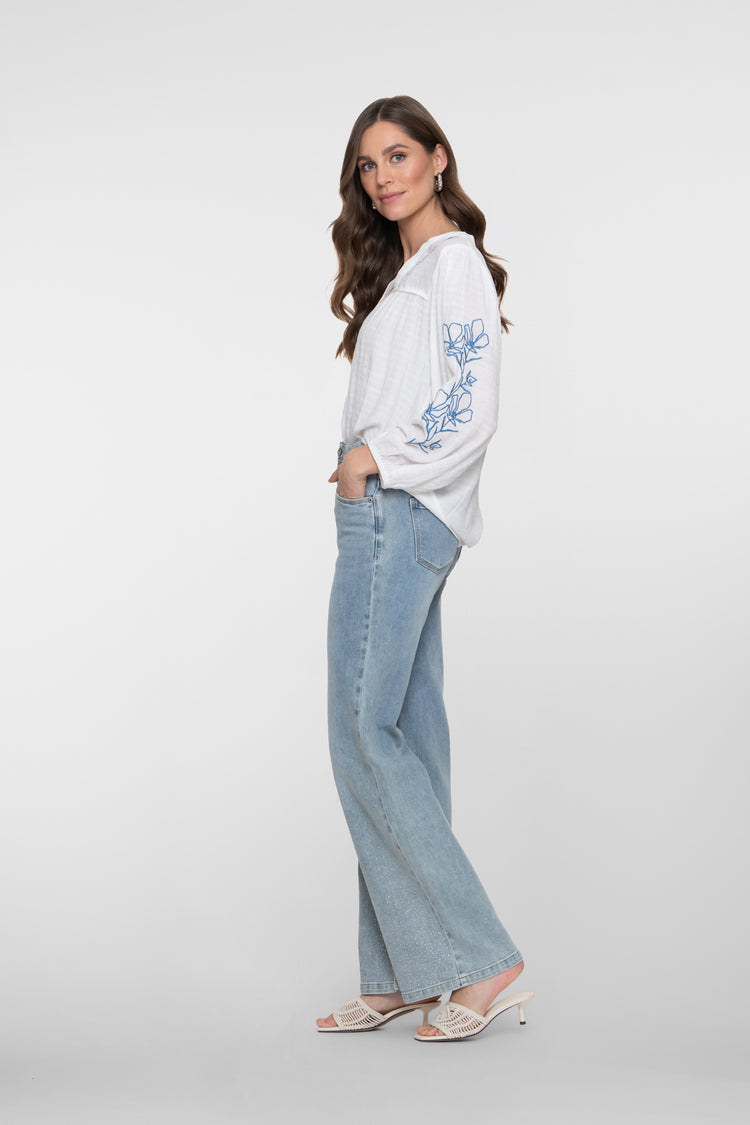 Geisha High Rise Jeans mit weitem Bein und farbigen Strasssteinen
