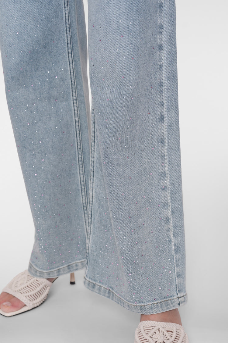 Geisha High Rise Jeans mit weitem Bein und farbigen Strasssteinen
