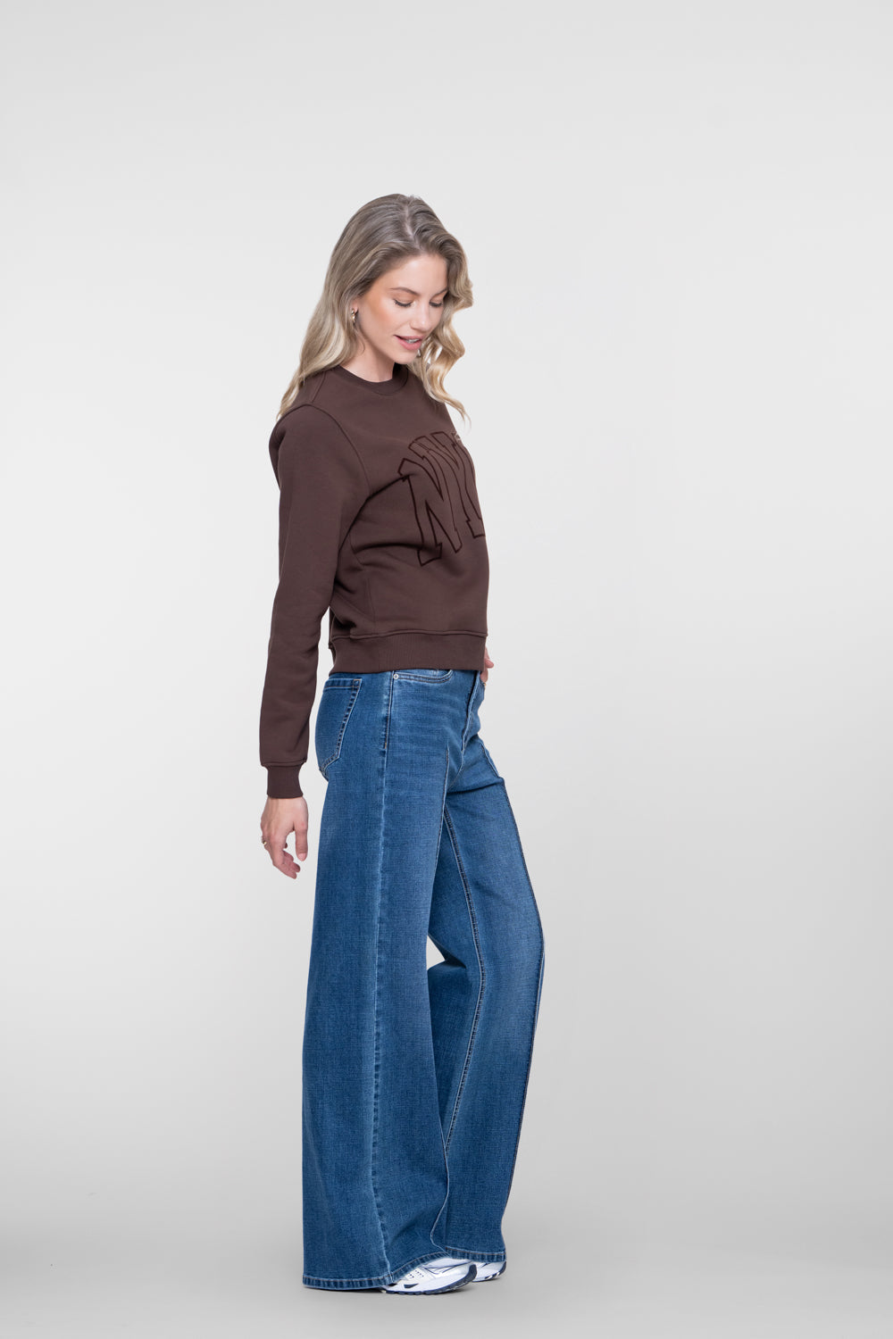 Geisha Damen Wide Leg Jeans mit hoher Taille und markanten Teilungsnähten