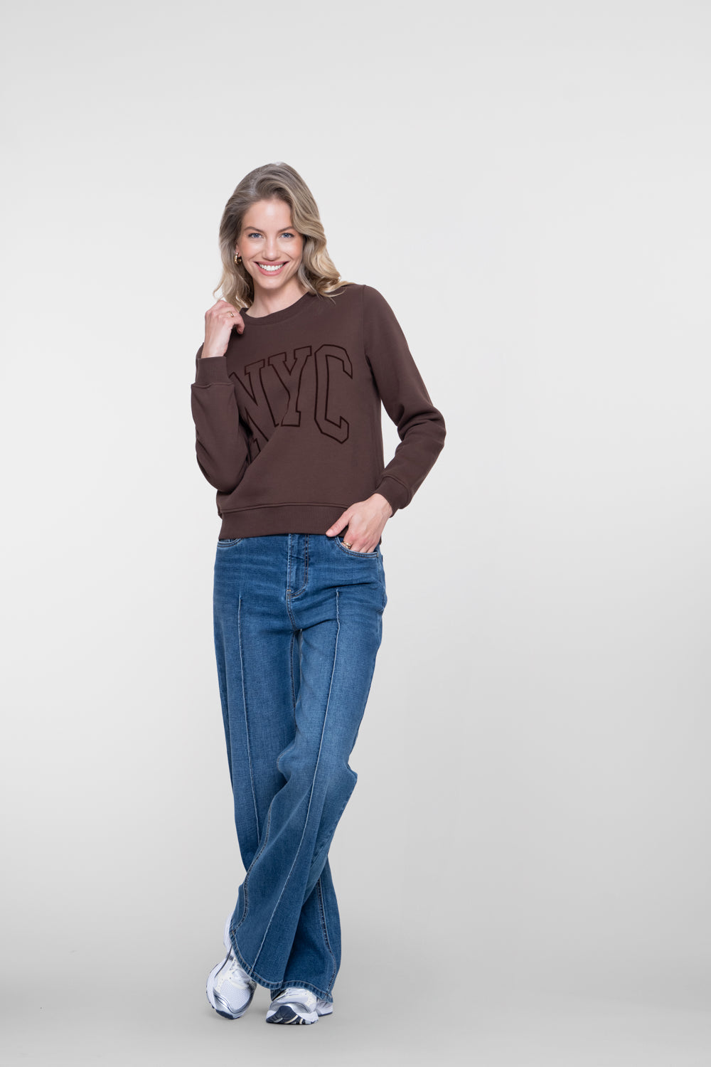 Geisha Damen Wide Leg Jeans mit hoher Taille und markanten Teilungsnähten