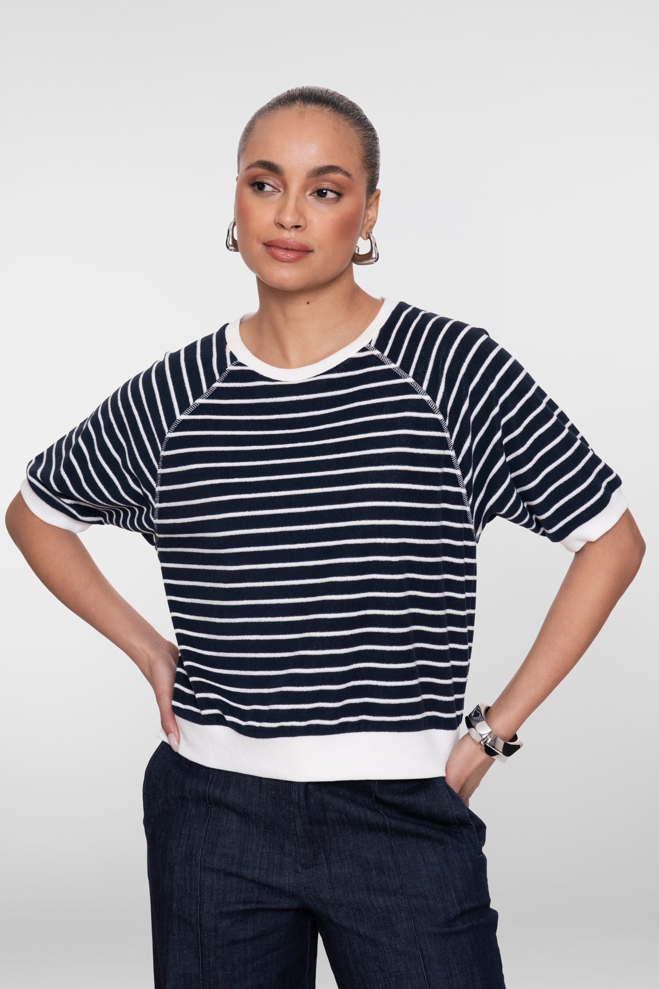 Geisha gestreifter Kurzarmpullover mit Raglanschnitt
