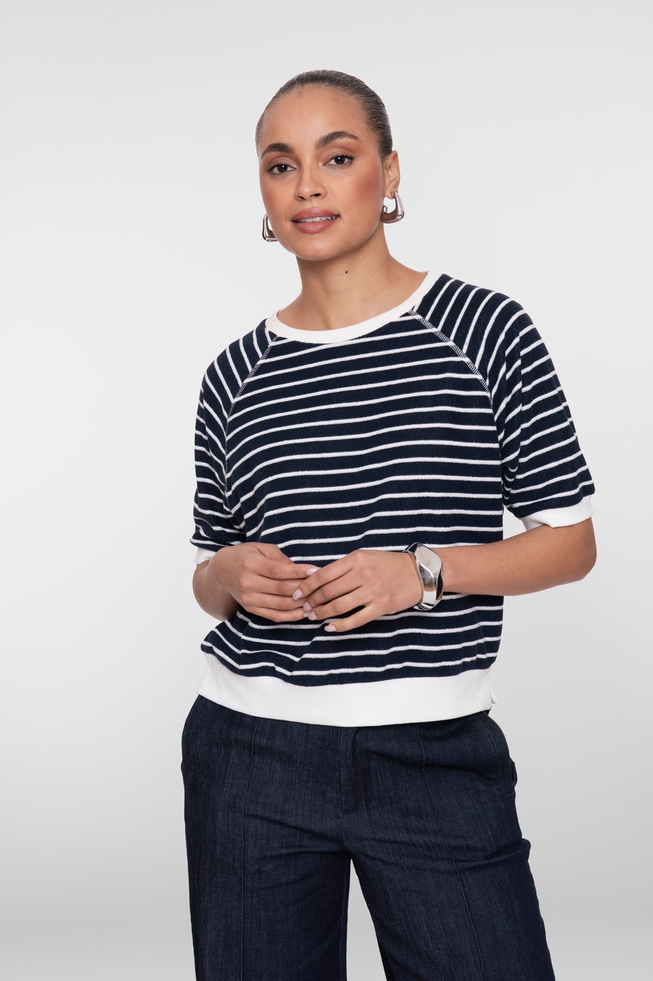 Geisha gestreifter Kurzarmpullover mit Raglanschnitt